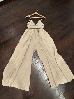 STAUD Wide-Leg Spaghetti Strap Jumpsuit in Beige